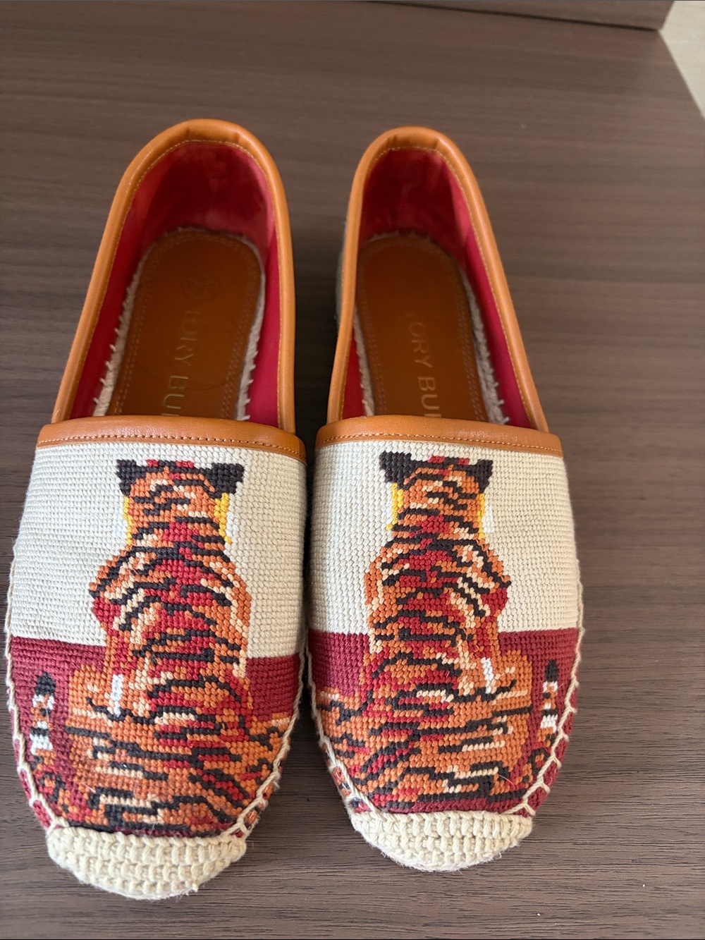 Tory Burch Cream, Tan & Red Tiger Needlepoint Espadrilles